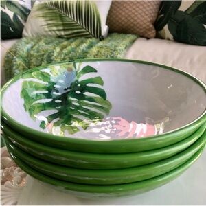 NEW! Tropical Monstera Green & White Melamine Indoor/Outdoor Large Bowls
